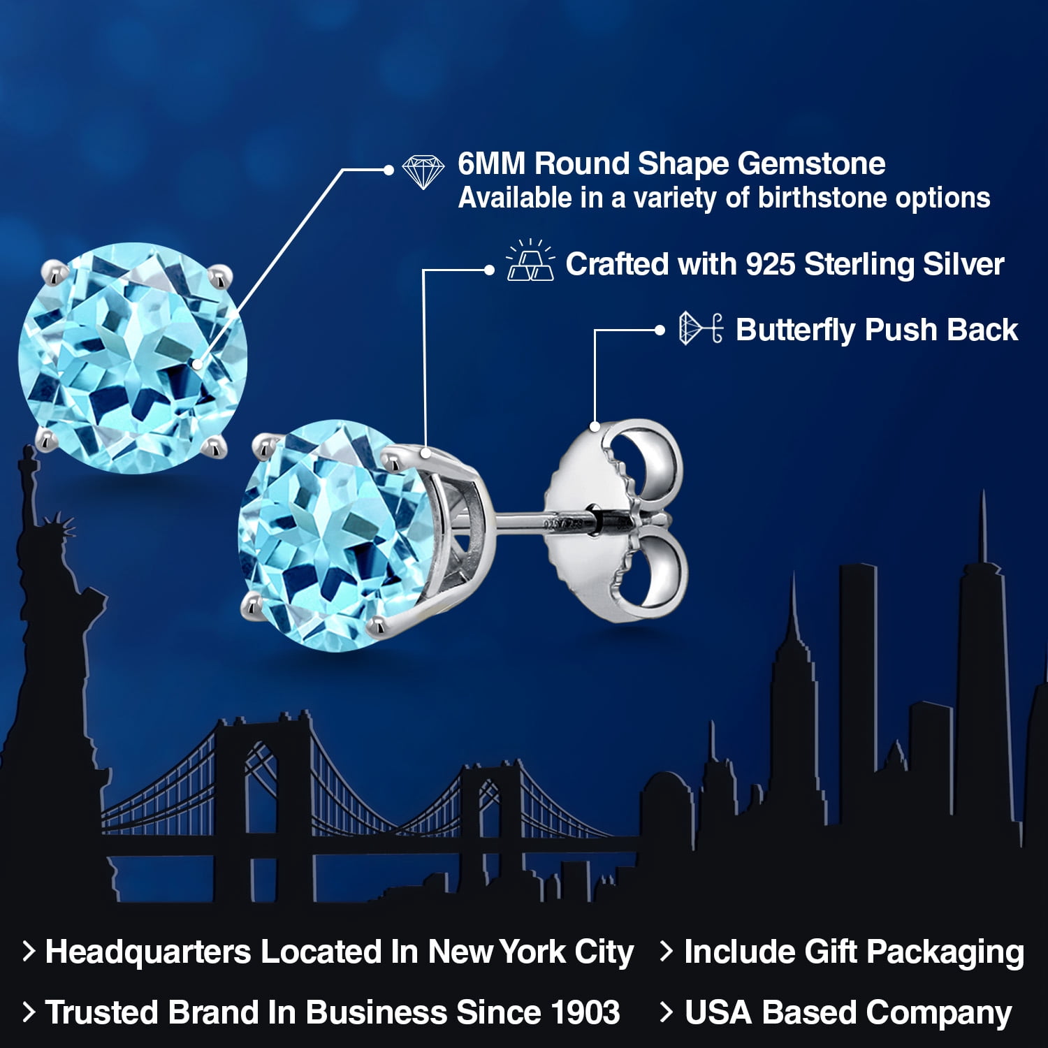 Gem Stone King 925 Sterling Silver Blue Apatite Stud Earrings for Women | 1.64 Cttw | Gemstone Birthstone | Round 6MM