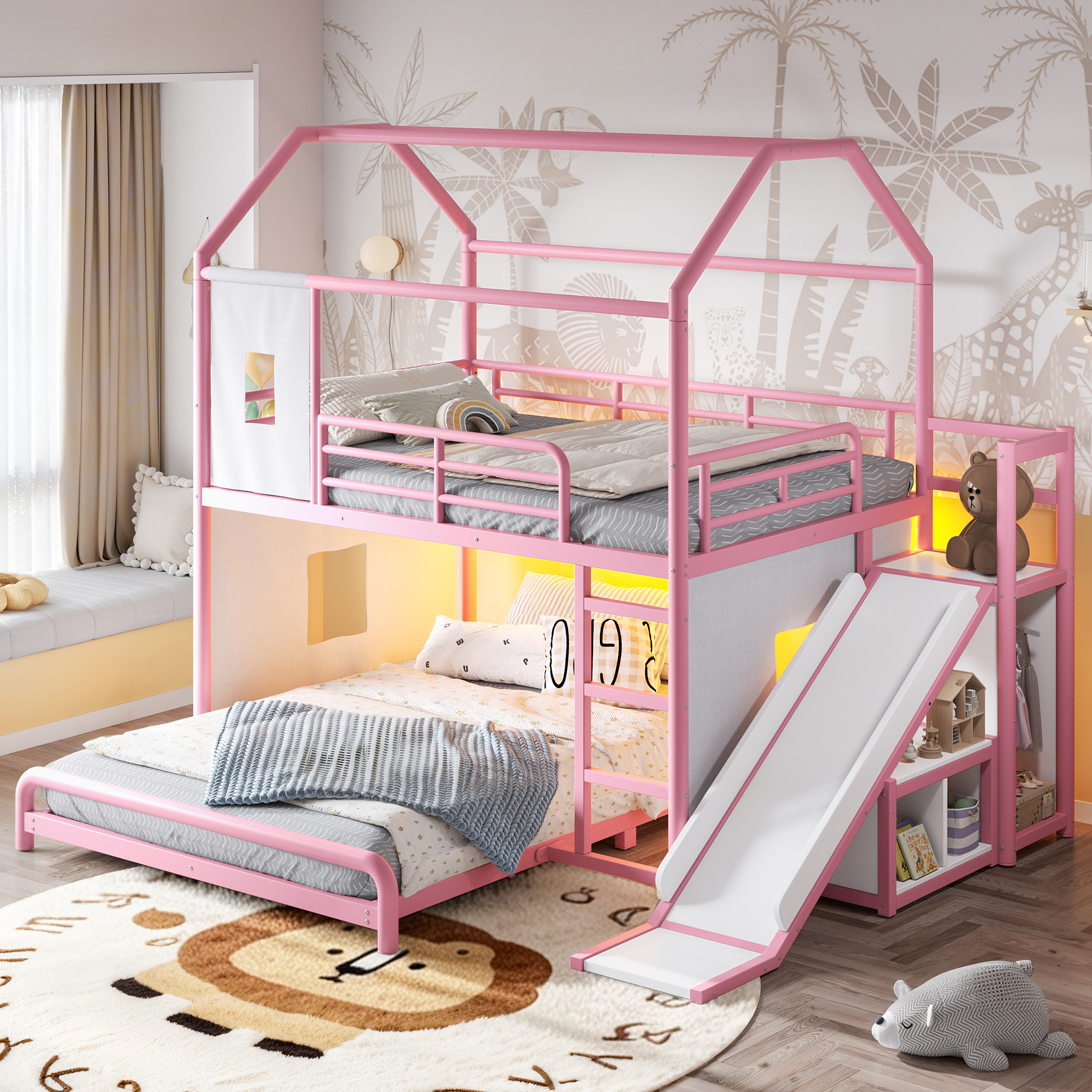 Leumius Full over Full Playhouse Metal Bunk Bed with Slide & Ladder, House Shaped Bunk Bed with LED Light Strip, Privacy Curtain, Movable Storage Cabinet and Hanging Rod for Bedroom Pink