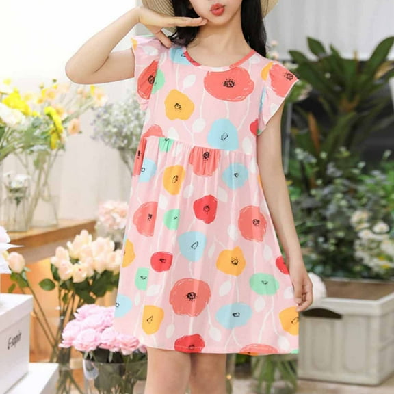 uublik Toddler Girl Dresses Size 3T-15 Sleeveless Casual Floral Printed Twirly Birthday Party Beach Kids Sundress Pink