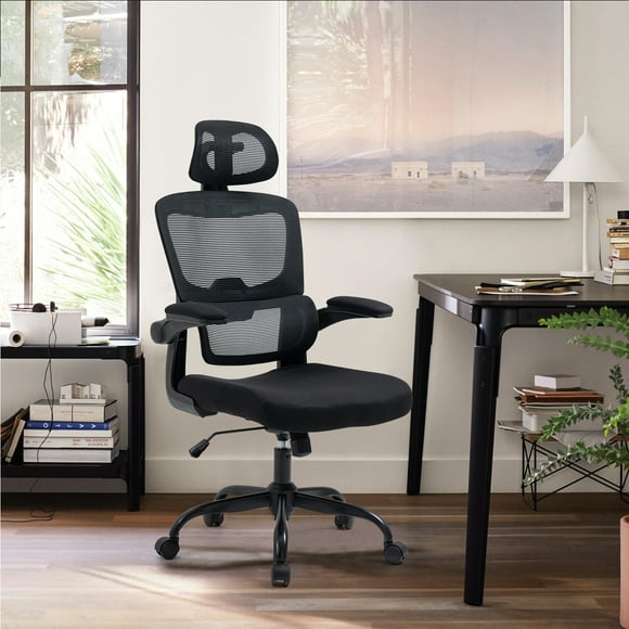 Silla de Oficina Color Negro Ergonómico con Reposacabezas y Reposabrazos HOMEMAKE FURNITURE Moderno