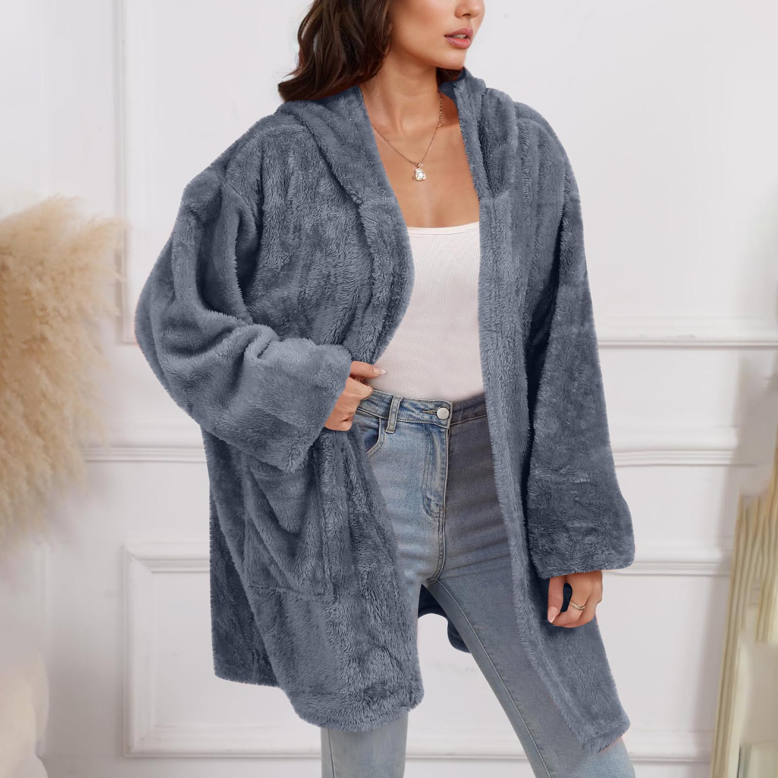 Women and Men Hooded Fuzzy Cardigan, Unisex Oversized Loungewear Fuzzy Fleece Blanket Hoodie Outwear Jacket with Pockets Gray L
