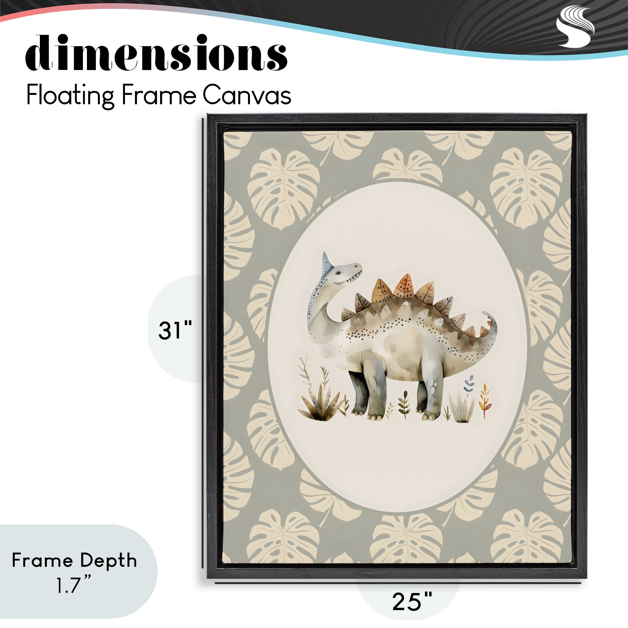 Stupell Industries Watercolor Dinosaur Monstera Border Black Framed Floater Canvas Wall Art, design by LSR Design Studio