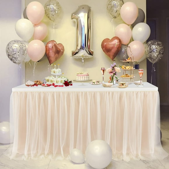 White Tulle Table Skirts for Baby Shower, Table Decoration Tutu Table Skirt for Cakes, Birthday, Christening, Wedding Tables, L 275 x H 76 cm