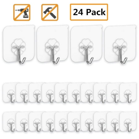 24 Packs Heavy Duty Wall Hook, Amerteer Utility Self Adhesive Hook 22lbs Transparent No Scratch Waterproof Reusable Sticky Hook for Kitchen Bathroom Door Ceiling Home