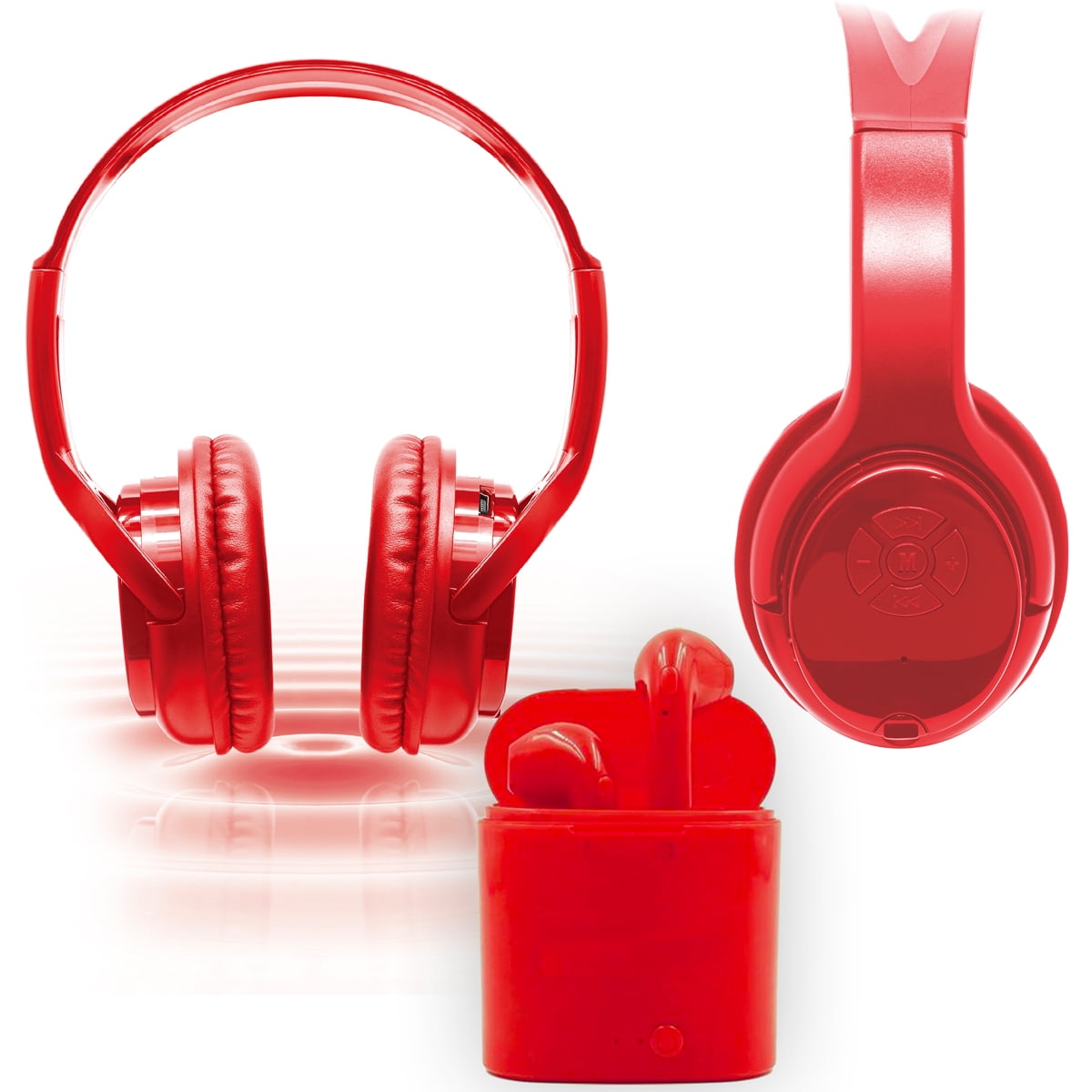 Zummy Wireless Over-Ear Bluetooth Headphones and True Wireless Earbud Set - Red