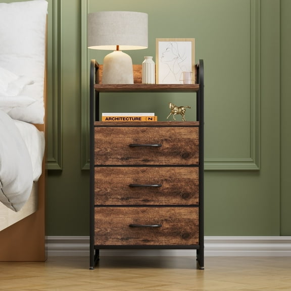 GIKPAL 3 Drawer Nightstand, Fabric Bedside Table Furniture, 2 Open Shelves Side End Tables for Bedroom Living Room, Brown