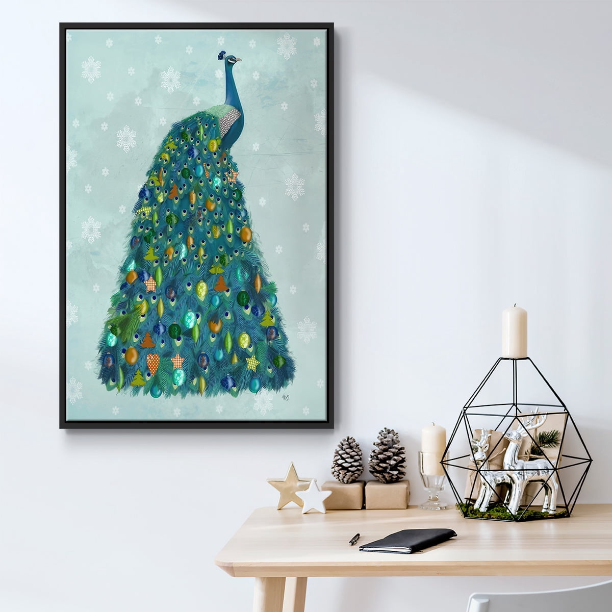 Christmas Peacock Christmas Tree - Framed Gallery Wrapped Holiday Canvas - 25 x 37 - Black Frame