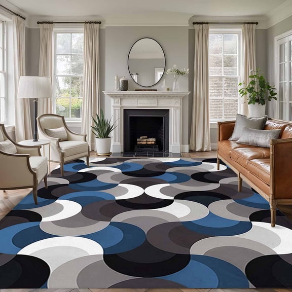 Blue Grey Abstract Area Rugs 6'x9', Washable Small Throw Rugs for Kitchen Dining room, Modern Geometric Ombre Artwork Indoor Outdoor Rug Non-Slip Low Pile Carpet Runner Reversible Floor Mats