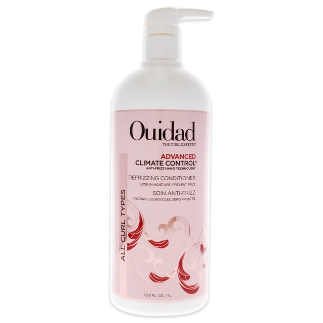 ouidad acondicionador condición de descongelación de control de clima avanzado 33.8 oz ouidad botella frontal con dosificador del acondicionador Advanced Climate Control de 1 L, etiqueta rosa con logotipo Ouidad, texto 'Defrizzing Conditioner' y gráficos de rizos; a menudo usado para definir rizos y reducir el frizz en cabello rizado.