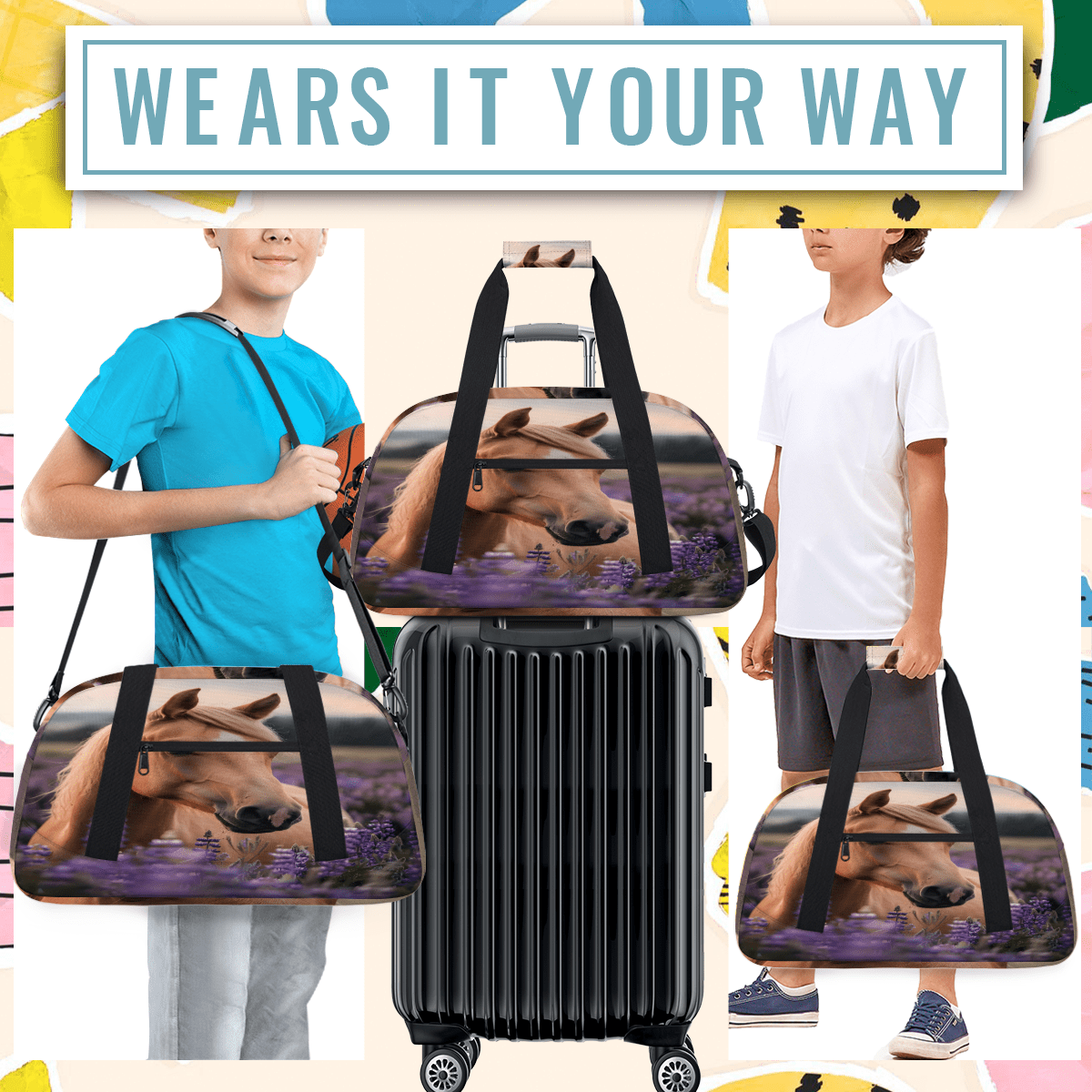 Herdesigns Horse Floral Sports Duffle Bag for Women & Men, Gym Bag Dance Bag Overnight Bag Carry On Weekender Travel Bag