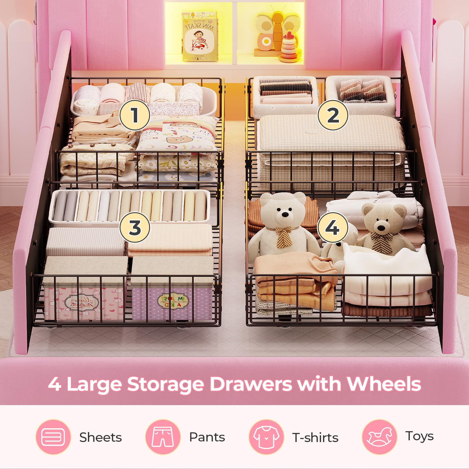 Twin Size Girls Bed Frame with 4 Drawers & Storage Headboard, LED Lights,Charging Station,Metal Slats, Velvet Upholstered Bed,No Box Spring Needed, Noise Free, Beige