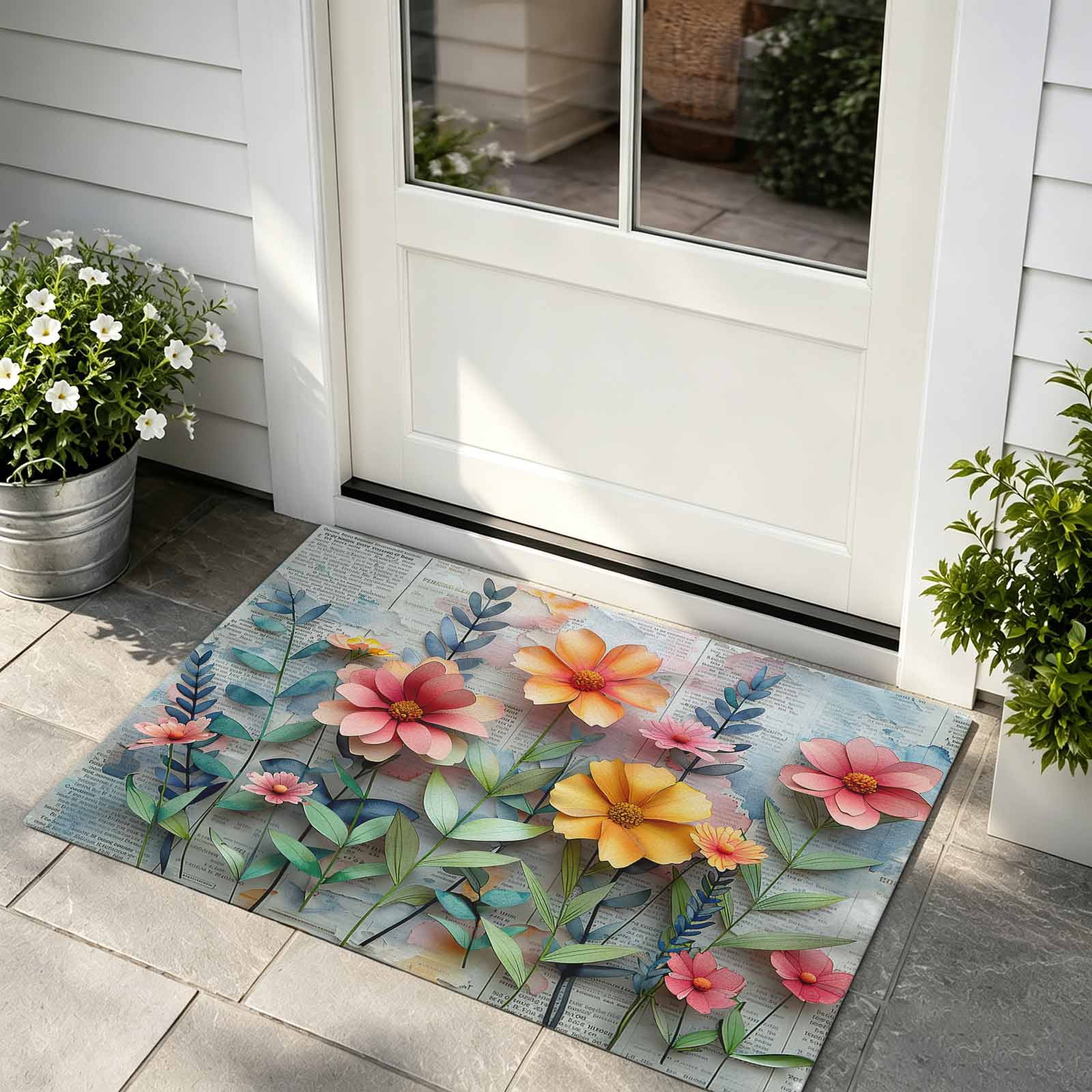 Front Door Mat Indoor Outdoor Entrance Spring Floral Low Profile Doormats Non-Slip Backing Farmhouse Flowers Summer Botanical Absorbent Welcome Mat for Entryway Hallway 16 x24