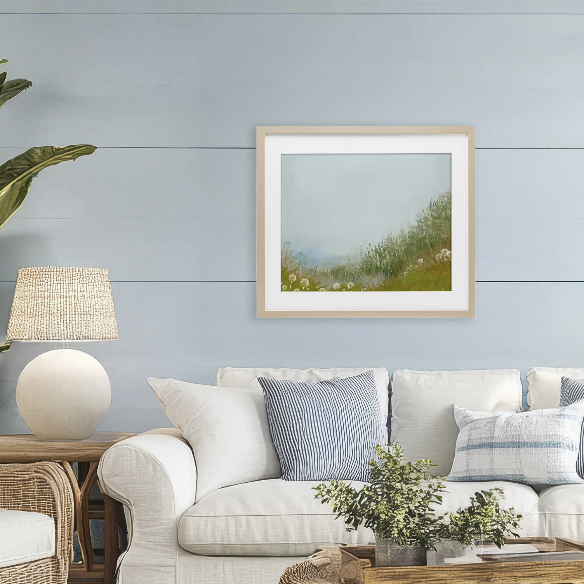 Misty Meadow Hill Birch Framed Print Under Glass, design by Renel Peters