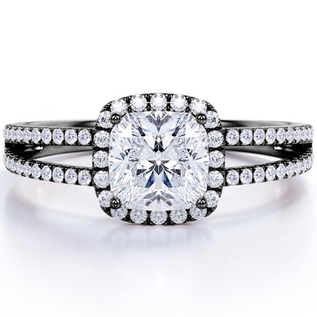 JeenMata Anillo de Compromiso de 1,25 Quilates con Corte de Cojín de Moissanita, Halo y Cuerpo Dividido, Chapado en Oro Negro de 18 K sobre Plata