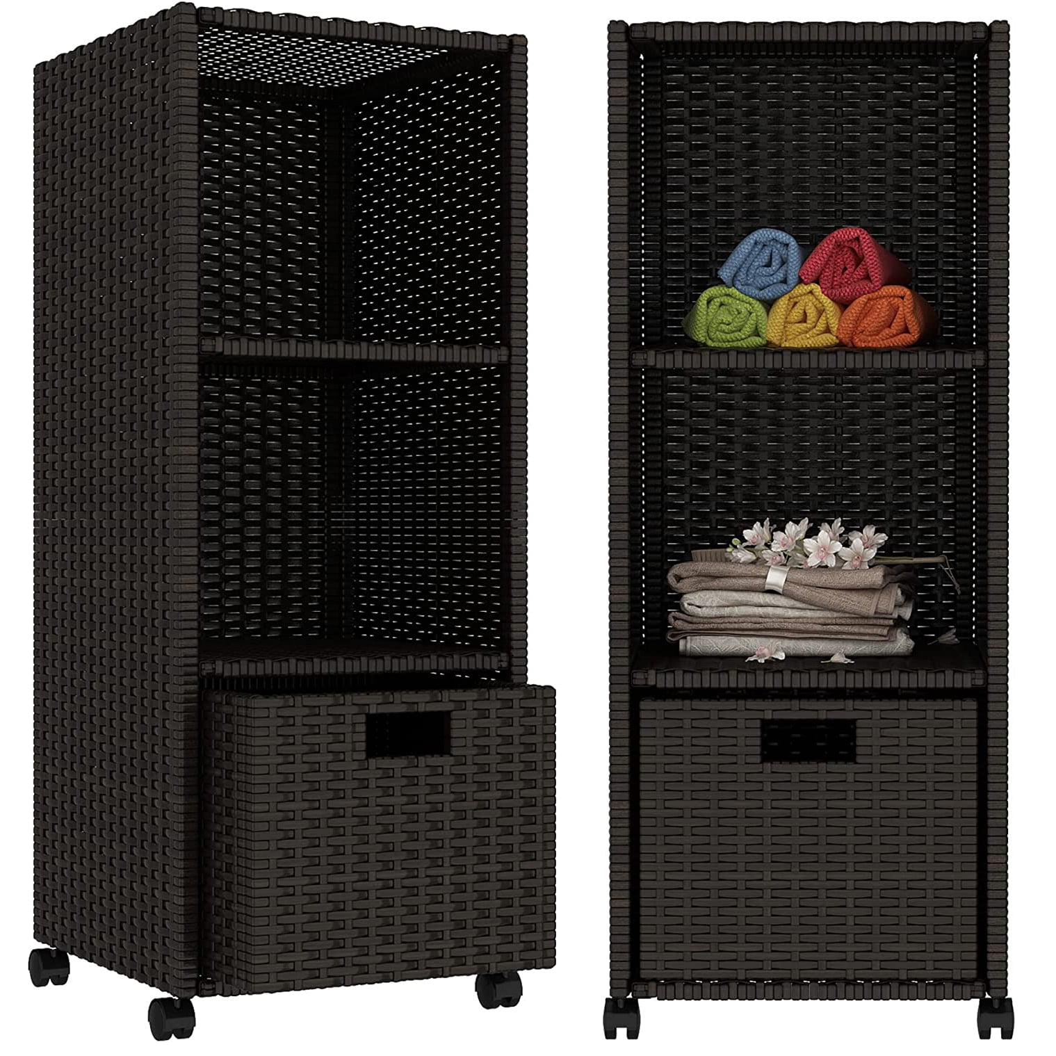 3 Layer Rattan Storage Rack, Outdoor Storage with Wheels