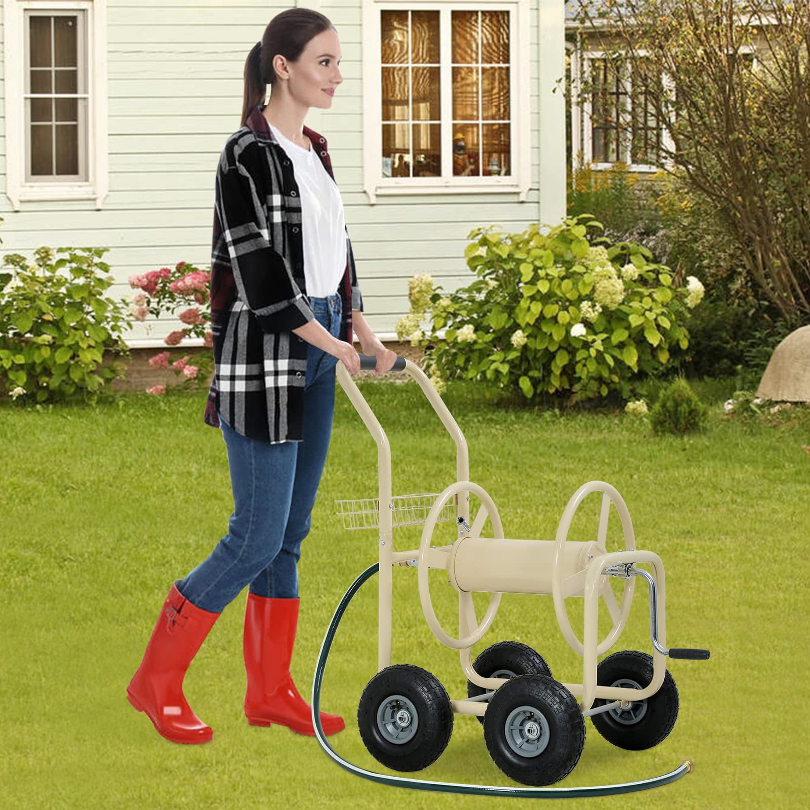 Garden Hose Reel Cart,  Hose Reel Cart with  4 Wheels, Heavy Duty Outdoor Water Planting Truck with Storage Basket (Tan)