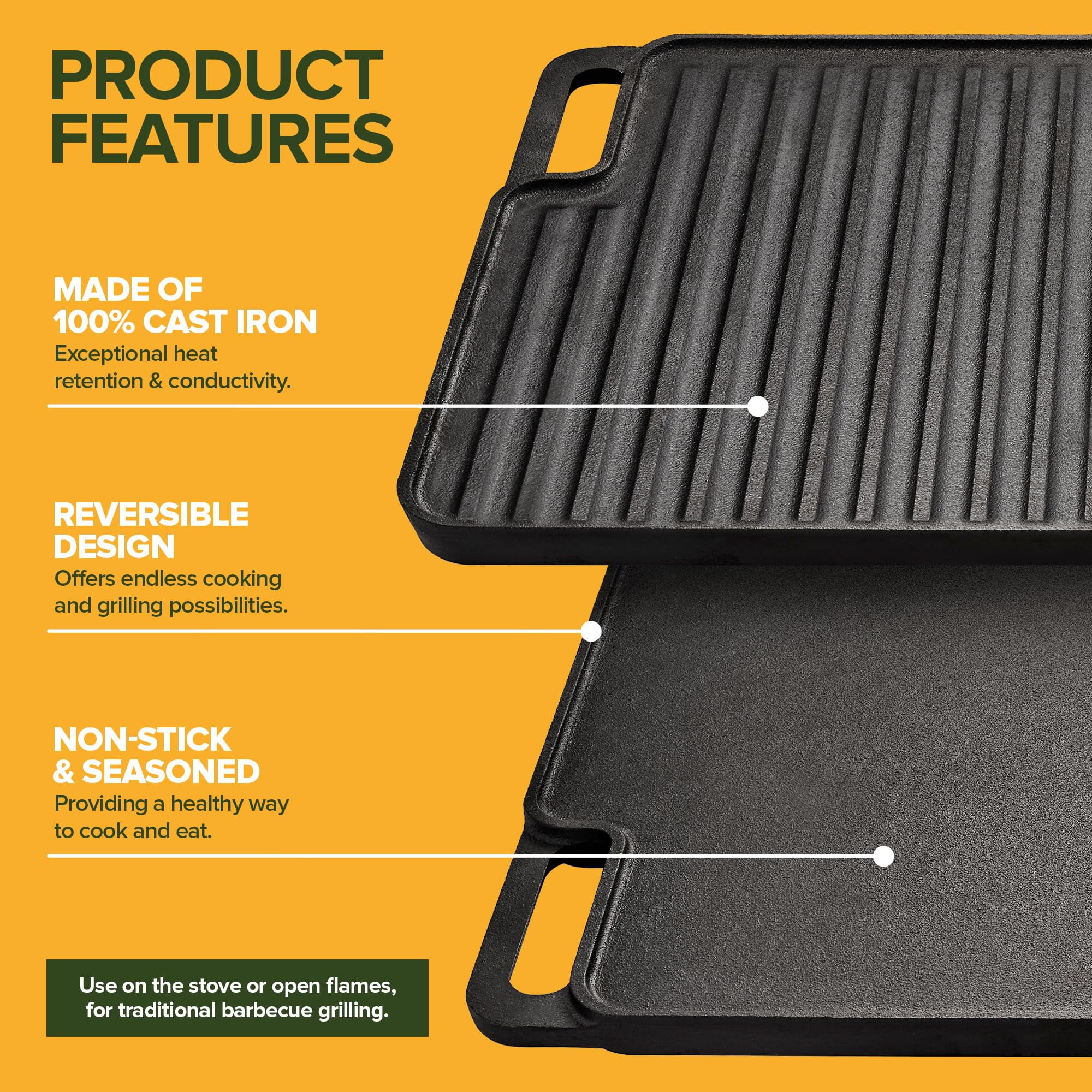 Cast Iron Griddle/Grill Reversible Combo Set + Protective Mitts, Grill Press & Scraper- Pre-seasoned Indoor & Outdoor gas Stove Griddle- Stovetop, Camping or Home Cooking Non-Stick Griddle Pan