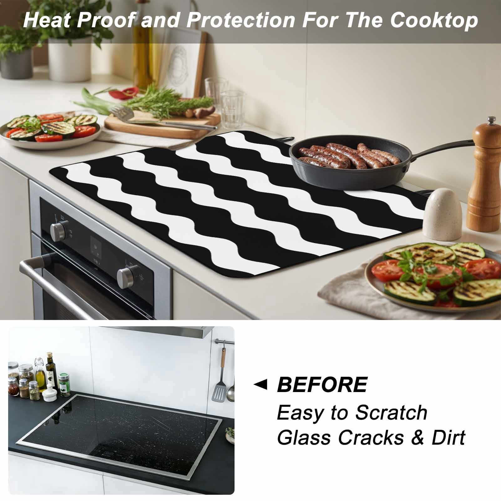 Black Ripple Stove Top Cover for Electric Stove, Heat-proof & Non Slip Glass Top Stove Cover Protector, Simple Black White Waves Aesthetics Kitchen Flat Cooktop Rubber Mat 28.5x20.5 Inches