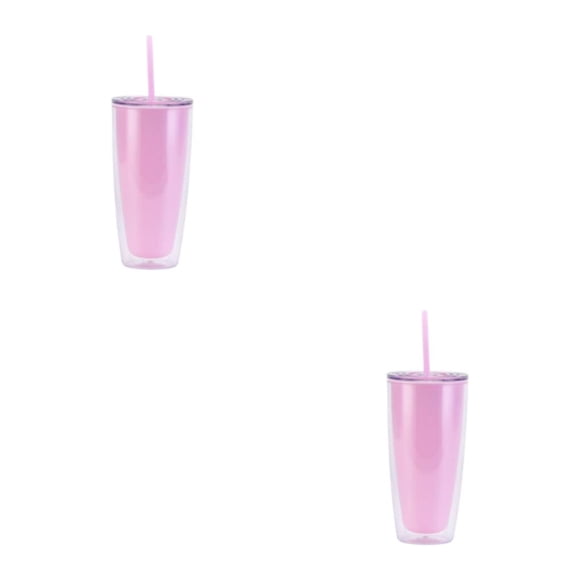 Toystoory Taza de café de doble pared con tapas, taza de paja, vaso para beber, vacío de plástico de viaje Simple, suministros para el hogar Rosa claro 750ml 2piezas