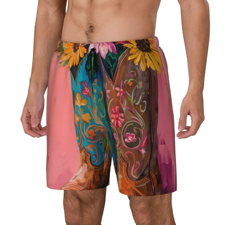 Gaeub Cowboy Boots With Flowers Print Mens Swim Trunks with Compression Liner Board Shorts Quick Dry Beach Swimwear with Pockets-Large