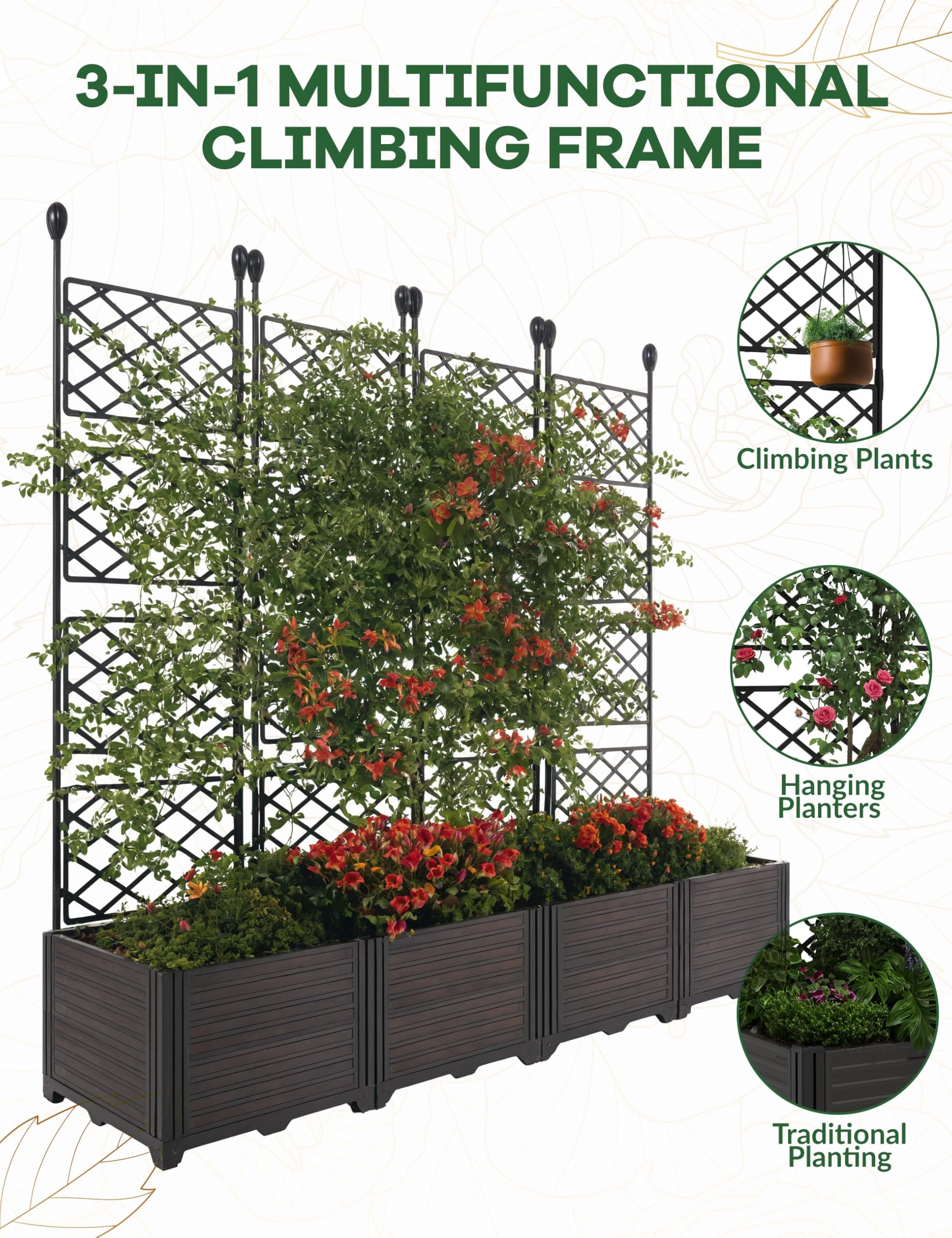 Goldensoil 4-Pack Raised Garden Bed with Trellis,Outdoor Plastic Planter Box for Climbing Plants