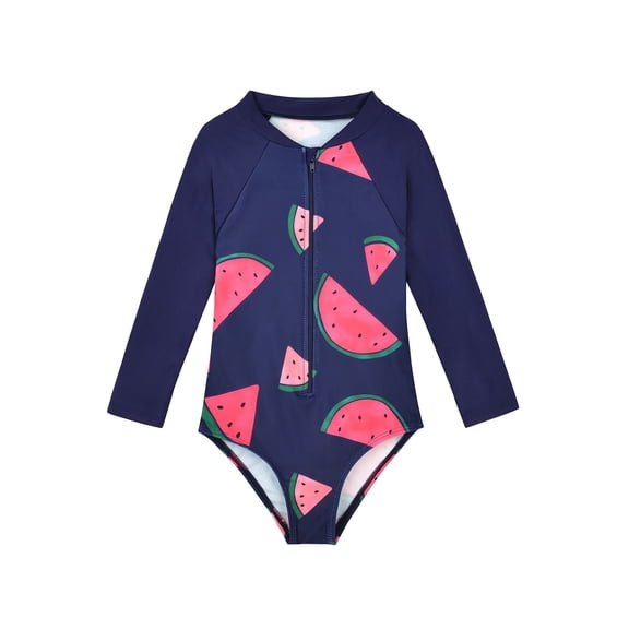 Zando Toddler Girl Long Sleeve One Piece Swimsuit Little Girl Quick Dry Bathing Suits with Zipper Girl Rash Guard Beachwear UPF 50  Sun Protection Navy Watermelon 3-4T