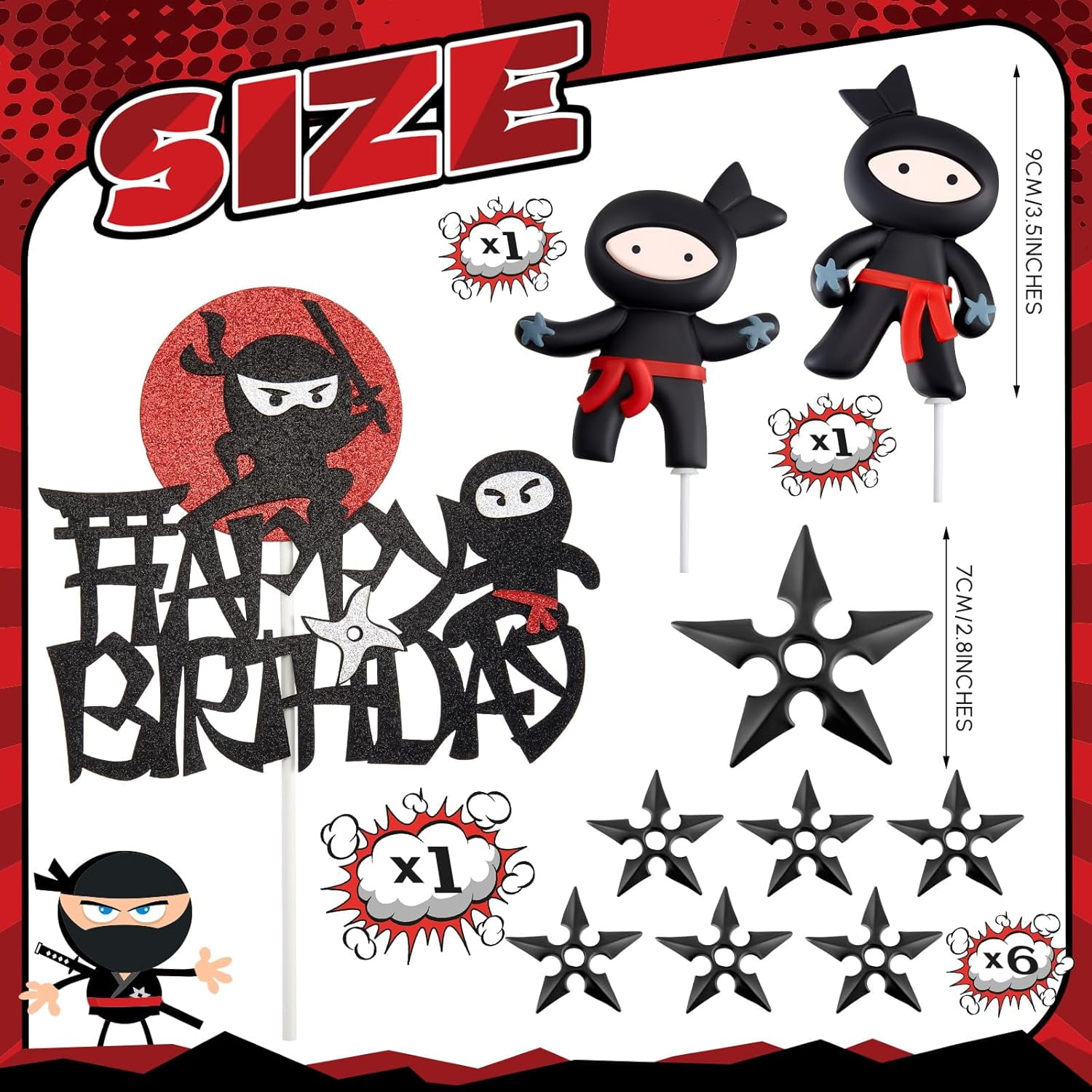 9 Pcs Ninja Happy Birthday Cake Toppers Black Red Glitter for Ninja Theme Birthday Party Karate Kung Fu Warriors Cake Decorations Supplies