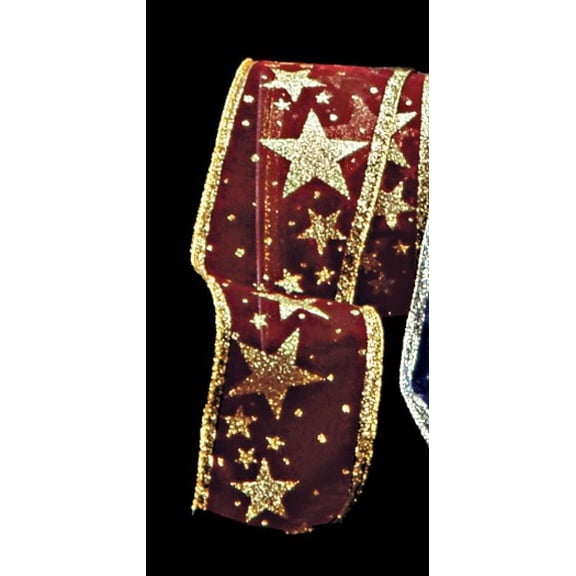 The Ribbon People Red and Gold Stars Sheer Wired Craft Ribbon 2.5" x 20 Yards