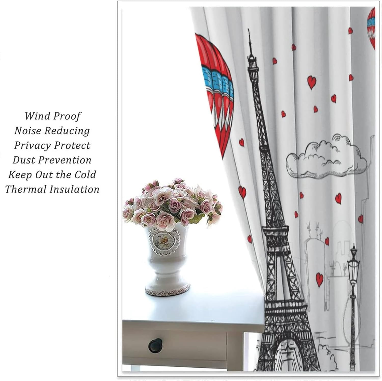 Valentines Days Blackout Window Curtains, Valentine Love Tree Eiffel Tower Hot Air Balloon Windows Door Curtain for Bedroom Living Room Home Decor 84x84in