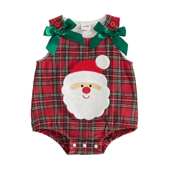 RUINIXCW Newborn Baby Girl Christmas Outfit Plaid Bubble Romper Infant Girls Xmas Clothes Santa Embroidery Sleeveless Crew Neck Bodysuit Jumpsuit