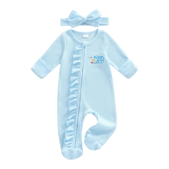 Zanarzt Baby Rompers Boy Newborn Baby 1st Birthday Outfit Letter Embroidery Long Sleeve Zip Up Romper Footed Jumpsuit with Headband BU2,12-18 Months