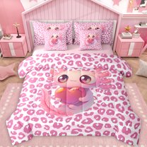Feelyou Kawaii Pink Axolotl Bedding Comforter Set 7pcs for Kids, Leopard Cheetah Print King Bedding Sets, Cute Cartoon Animal Reversible Bed Sheets, Luxury Bedroom Decor
