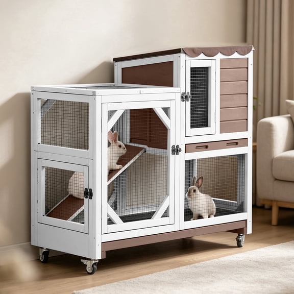 Aivituvin Rabbit Cage Indoor Outdoor Bunny Hutch on Wheels, 2 Story Wood Guinea Pig Cages with 2 Deeper Pull Out Trays