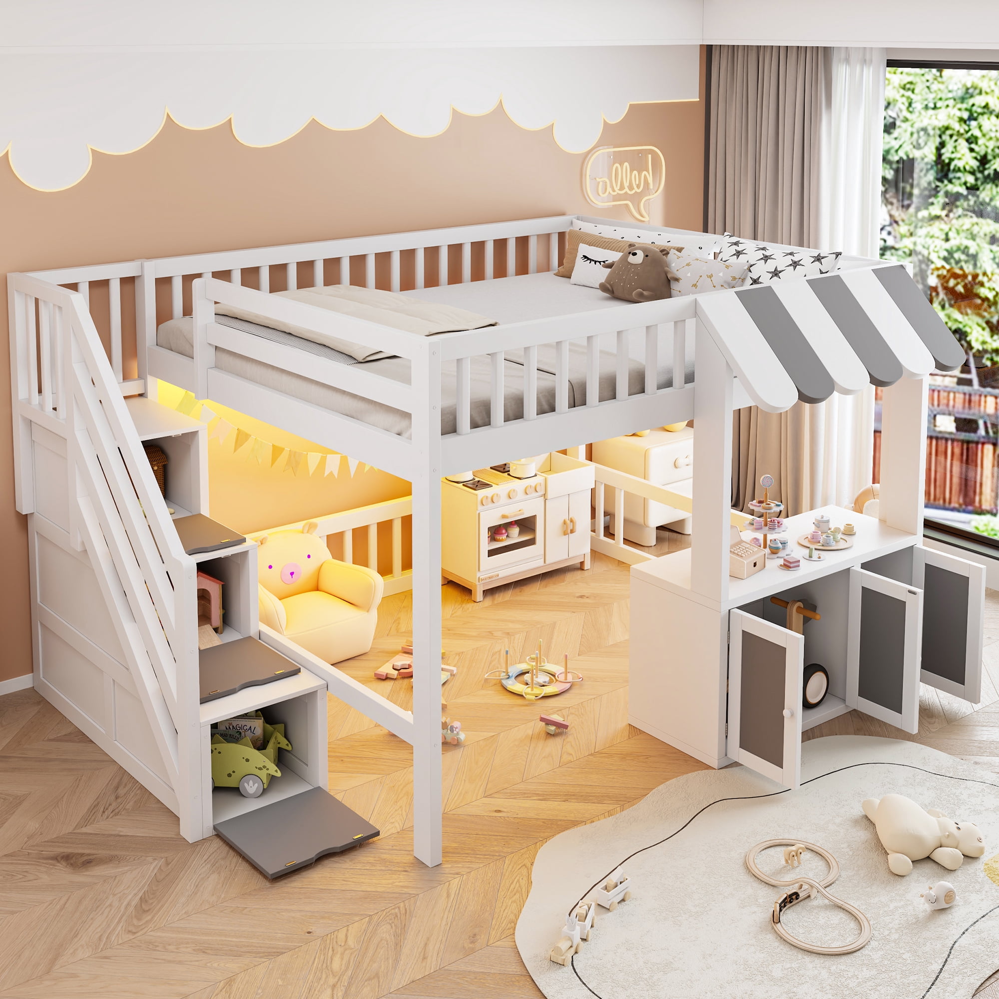 Mintazer Full Size Loft Bed with Play Storefront & LED Lights, Kids Loft Bed with Guardrail and Storage Staircase & Cabinet for Bedroom, White & Gray