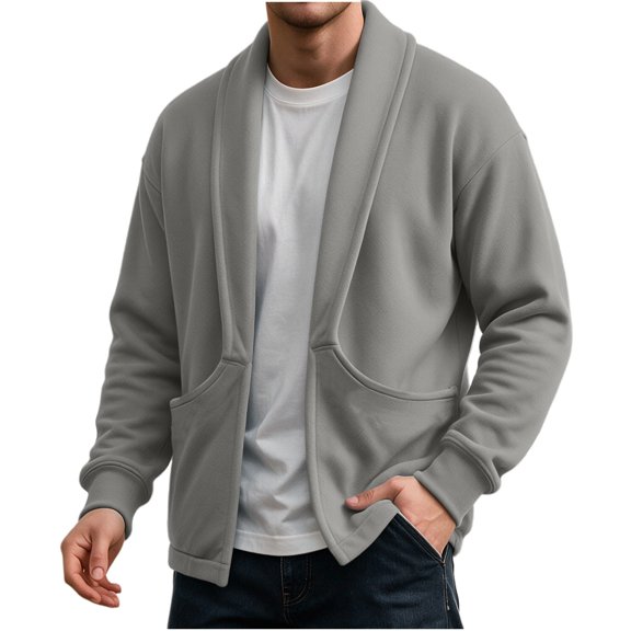 Fnooota Mens Open Front Sweatshirts, Shawl Collar Spring Fall Casual Long Sleeve Mens Cardigans Gray Size S-3XL