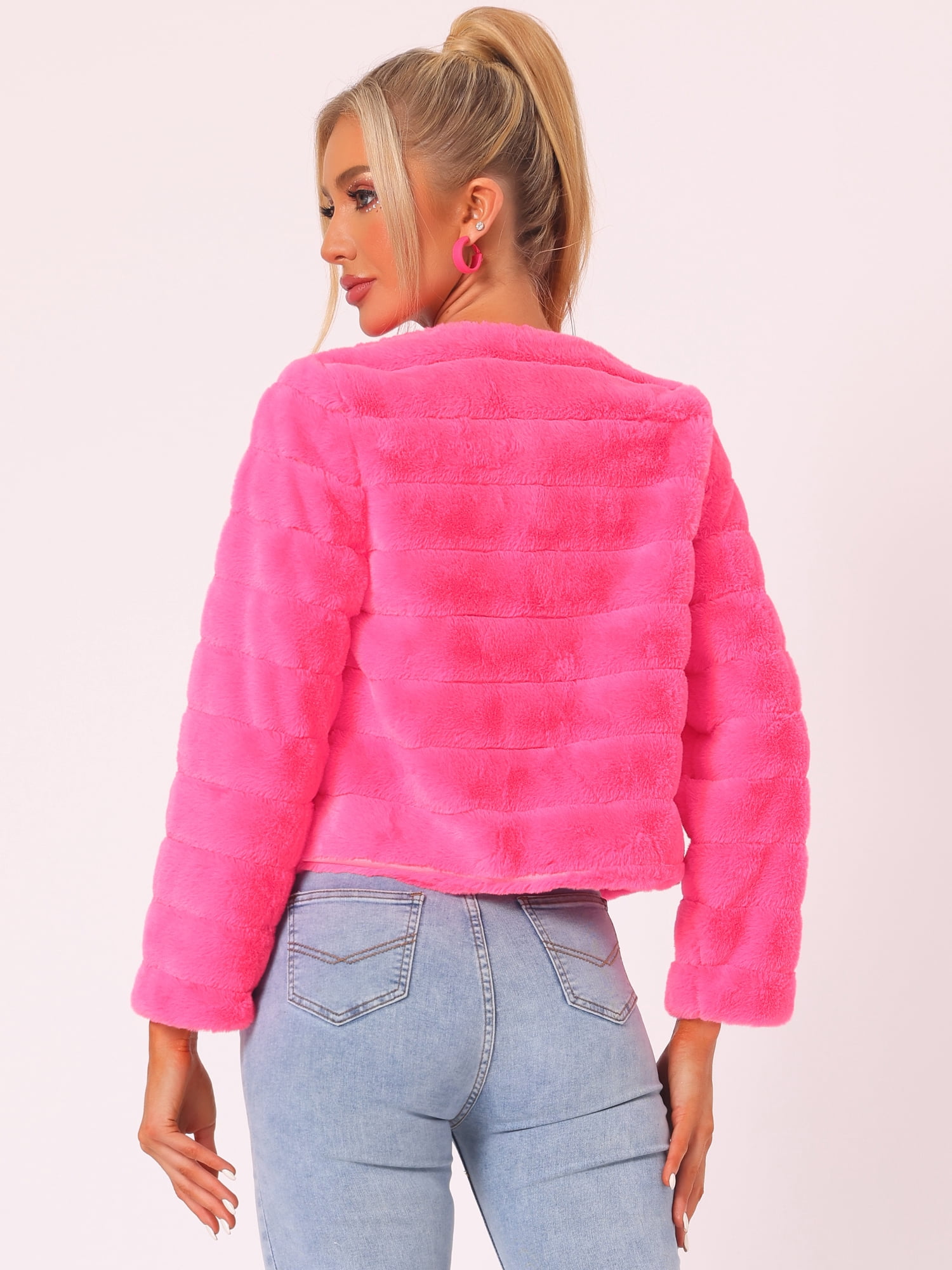 DARING DIVA Women's Long Sleeve Collarless Shaggy Soft Faux Fur Coat XS Hot Pink