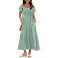 thumbnail image 3 of Women Summer Casual Square Neck Flutter Sleeve Boho Smocked A-Line Flowy Tiered Modest Midi Sun Dress with Pockets green S, 3 of 8