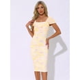 thumbnail image 4 of DARING DIVA Midi Cocktail Bodycon Square Neck Printed Dress XS Light Yellow, 4 of 6