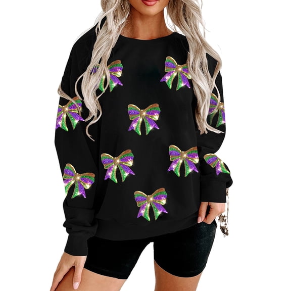 Women's Black Sequin Mardi Gras Bow Graphic Drop Shoulder Pullover Sweatshirt | [ZhiHiMeRi] | (US 20-22)2XL