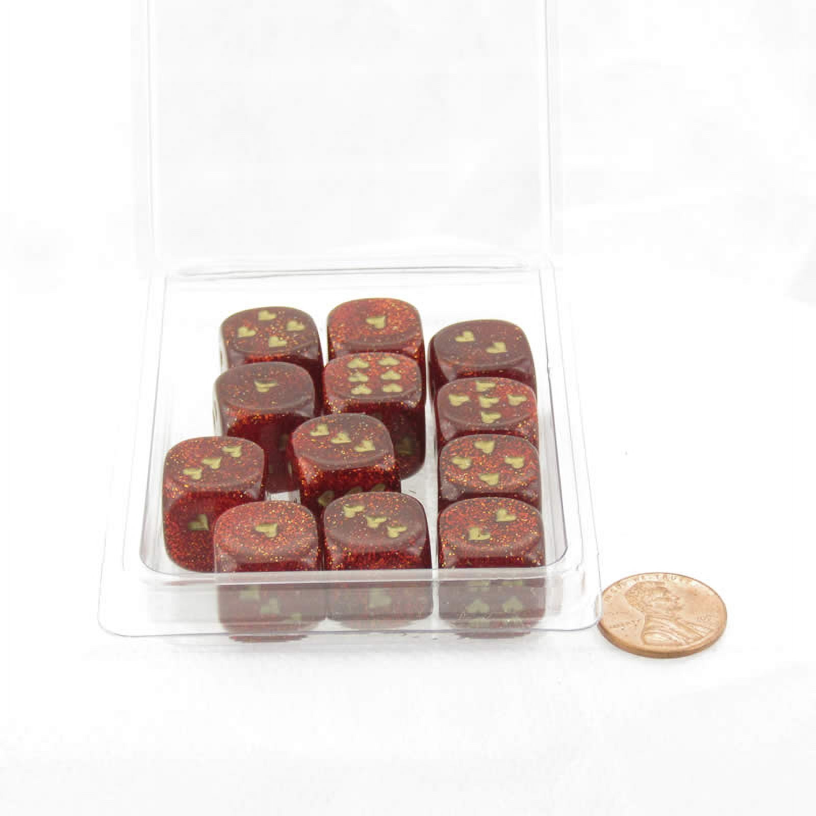 Ruby Red Glitter Dice with Gold Colored Hearts D6 16mm (5/8in) Pack of 12 Wondertrail