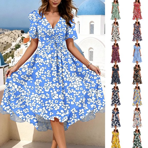 Smsaxvxz Dresses for Women Fashion Floral Printed V Neck Short Sleeve Bandage Pleated Knee Length Sundress Beach Summer Dresses Light Blue M