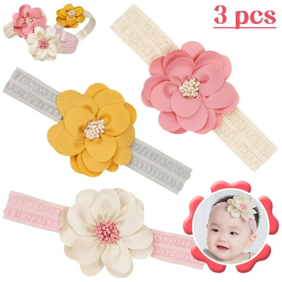 LNKOO 3 Pack Baby Girl Lace Headbands Infant Flower Elastic Hair Band Camellia Wraps---Super Soft & Stretchy Floral Hairbands For Newborn Infant Toddlers Kids Hair Accessories