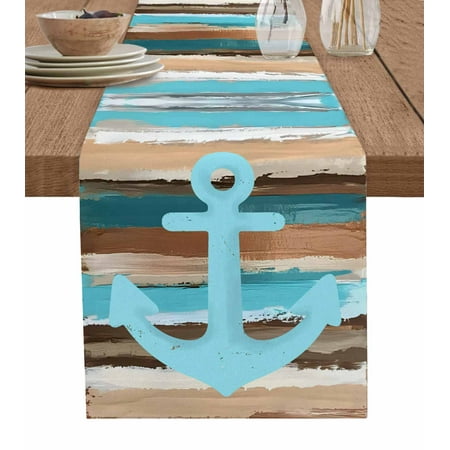 

Table Runner Nautical Anchor Ocean Blue Green Brown Wood Grain Vintage Table Runners Dresser Scarves Holiday Kitchen Dining Table Decoration for Home Party Indoor 13x70 Inch
