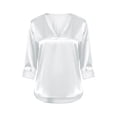 thumbnail image 4 of Silky Satin V Neck Blouse for Women Roll Cuffed 3/4 Sleeve Loose Tunic Shirts Business Casual Tops Lightweight Summer Trendy Outfits White, 4 of 6