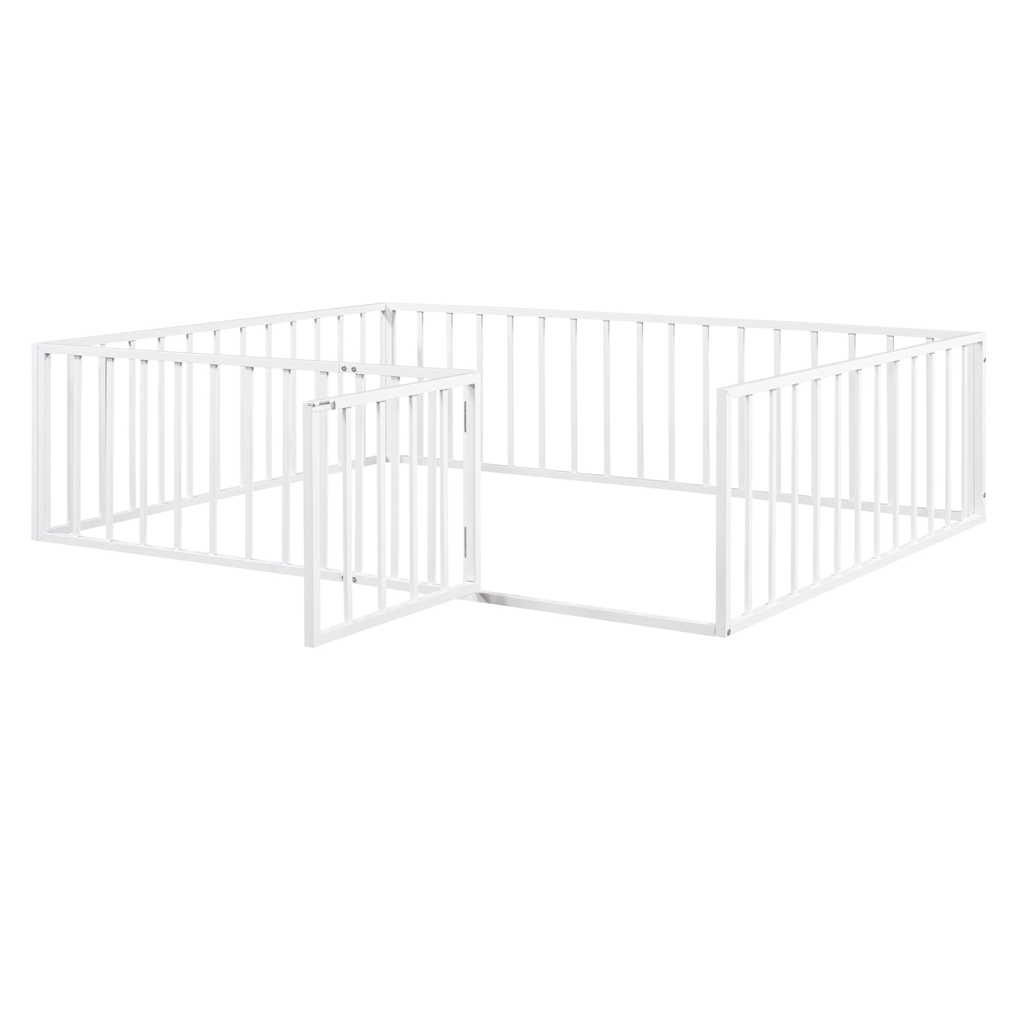 Queen Size Floor Bed with Fence and Door, Low Profile Metal Montessori Bed Frame with Slats Supports,Easy Assembly, No Box Spring Needed,White