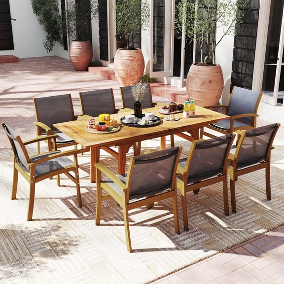 Costway 9 PCS Acacia Wood Outdoor Dining Set for 6-8 with 1.97 Natural   Gray