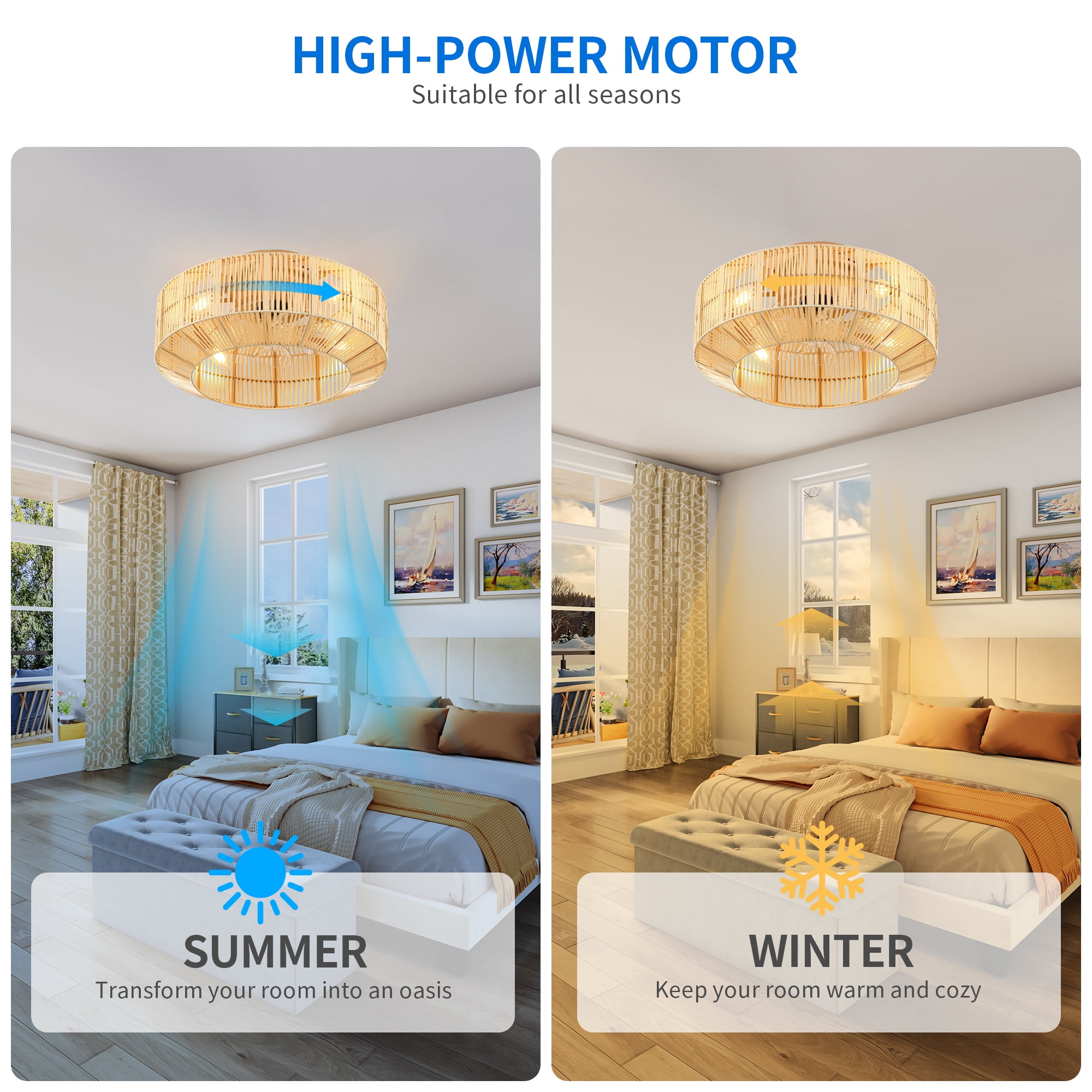 Uforic 18" Caged Ceiling Fan with Lights, Flush Mount, 6-Speed Reversible, Remote Control, Rustic Yellow Finish for Bedroom, Kitchen, Living Room