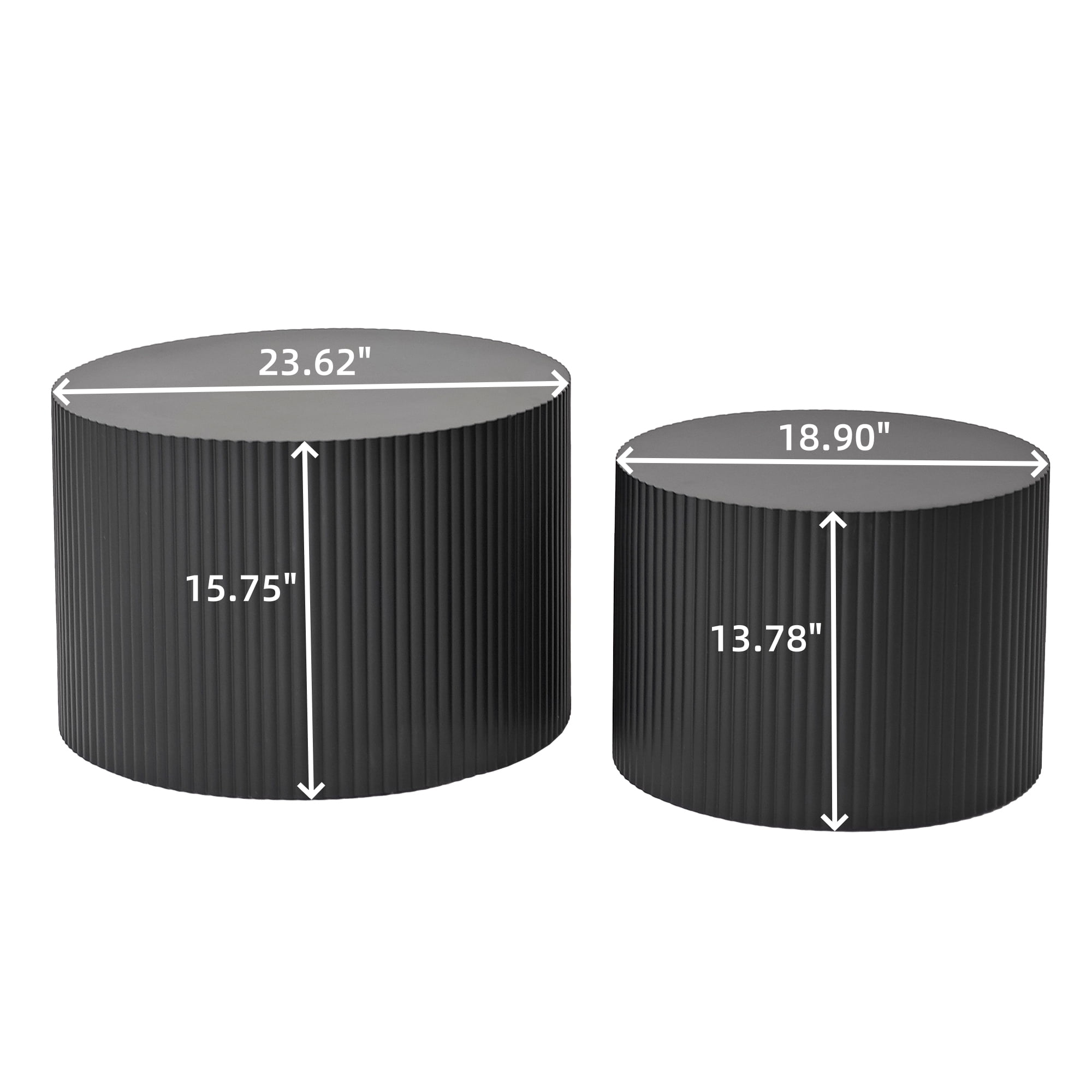 Nesting Coffee Table Set of 2, Modern Drum Side Table End Table, Wave Stripe Round Coffee Table for Living Room, Bedroom, No Assembly, Black
