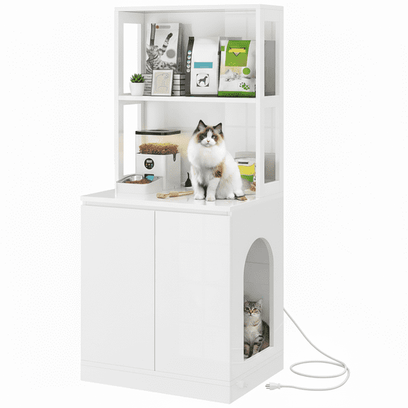 Dextrus Cat Litter Box Enclosure with Charging Station, Hidden Cat Furniture for Living Room, White