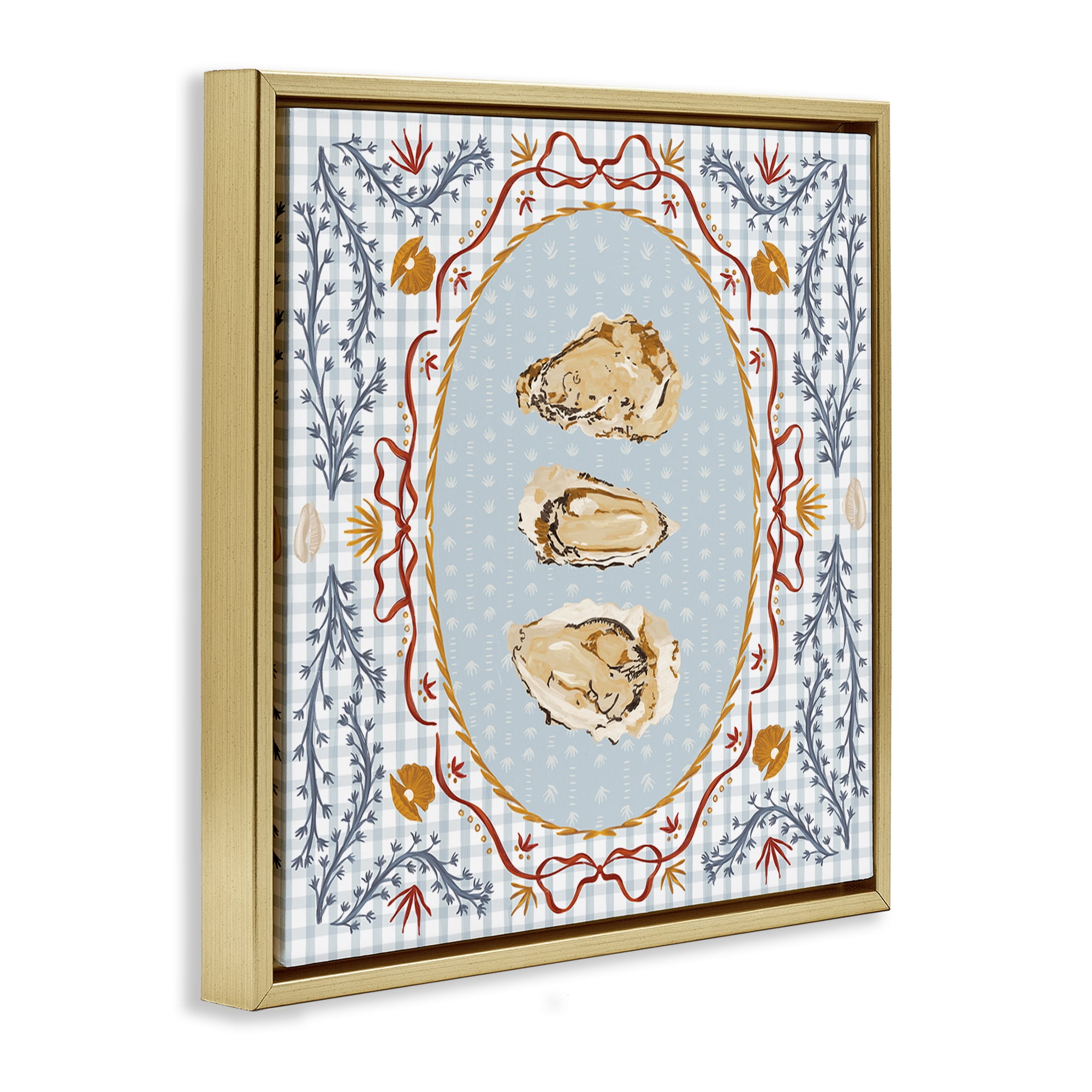 Stupell Industries Oyster Trio on Blue Gingham Gold Framed Floater Canvas Wall Art, design by Vero Illustrates